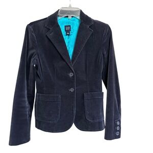 Vintage GAP Navy Blue Velvet Blazer Jacket Turquoise Lined Womens Sz 2 Retro Y2K